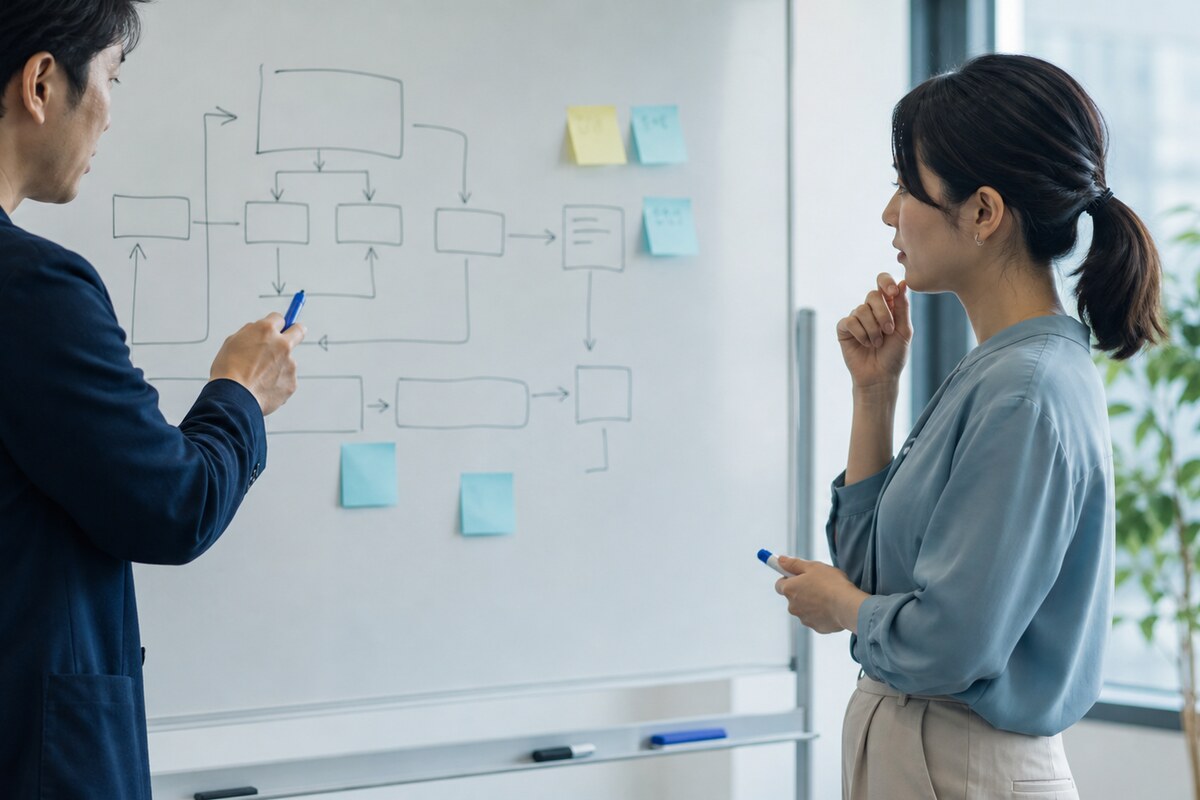 ホワイトボードで業務要件を整理するイメージ
